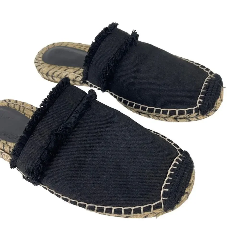 JOIE Black Cain Fringe Espadrille Mules Slides Shoes Size 39 US 9